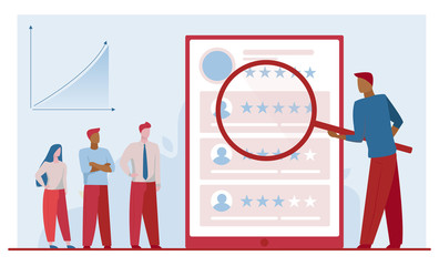 Marketing group analyzing customer satisfaction. Magnifier, product rate, growth chart flat vector illustration. Analysis, feedback, commerce concept for banner, website design or landing web page