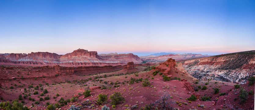 panoramic picture of capitol reef national park at dawn in summer