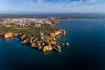Aerial view of the beautiful city of Lagos from the Ponta da Piedade headland, in Algarve, Portugal
