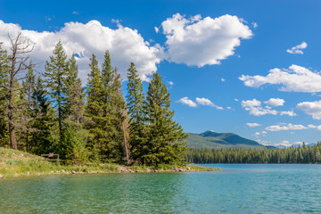 Majestic mountain lake in Canada. Anette Lake view in Jasper, Alberta, Canada. Rocky Mountains.