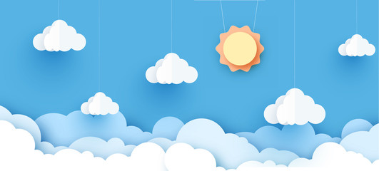 Vector sun with clouds background.paper cut style. Cloudy paper cut art, vector illustration. Volumetric cloudscape horizontal background. Banner with 3d clouds on blue sky