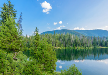 Majestic mountain lake in Canada. Lightning Lake in Manning Park in British Columbia. Lake Trail View.