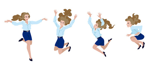 Jumping woman in different poses. Vector illustration