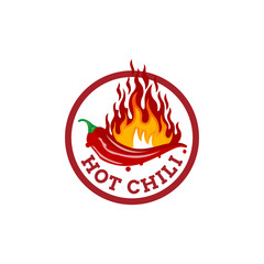 Hot Chilli logo food label or sticker. Concept for farmers market, organic food, natural product design.Vector illustration. Chili Pepper Spicy Restaurant Logo in White Isolated, Vector EPS 10