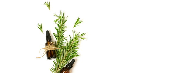 rosemary essential oil bottle and fresh rosemary leaves isolated  banner on white background. copy...