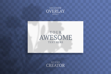 Shadow Overlay Plant Vector Mockup horizontal business Card. Vector Realistic shadows overlays leaf on blue background. Template Flyer, Card, blank, social media post, logo in minimal trendy style