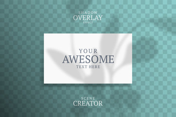 Shadow Overlay Plant Vector Mockup horizontal business Card. Vector Realistic shadows overlays leaf on green background. Template Flyer, Card, blank, social media post, logo minimal trendy style