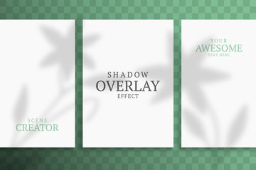 Shadow Overlay Plant Vector Mockup A4 Paper sheets. Shadows overlay effects Of A leaf on green background in a modern minimalist style. For presentation Flyer, Poster, blank, logo, invitation