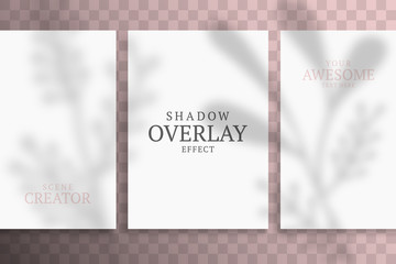 Fototapeta premium Shadow Overlay Plant Vector Mockup A4 Paper sheets. Shadows overlay effects Of A leaf on rose gold background in a modern minimalist style. For presentation Flyer, Poster, blank, logo, invitation