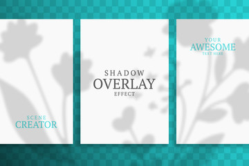 Shadow Overlay Plant Vector Mockup A4 Paper sheets. Shadows overlay effects Of A leaf on green background in a modern minimalist style. For presentation Flyer, Poster, blank, logo, invitation