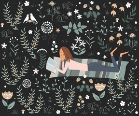 Girl reading a book lying on the mat at the meadow. Doodle vector illustration