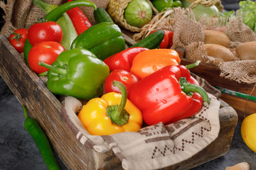 Bell peppers on a piece of rustic towel.