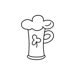 Hand drawn color glass with beer, clover st Patrick's day and holiday doodle sign symbol vector illustration. Outline icon isolated on white background. Design for poster, greeting card, print