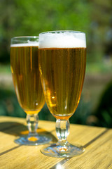 Golden belgium triple beer in glass served outdoor on table