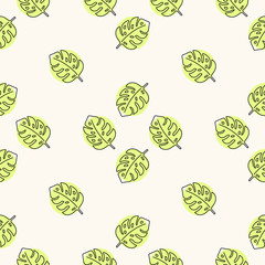 Seamless vector floral pattern with monstera leaves, green polka dot backdrop. Tropical exotic background in doodle style.