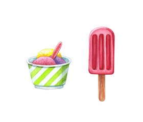 fruit ice cream on stick and gelato in cup