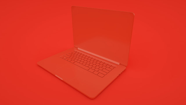 Red Laptop Isolated On Red Background. 3d Rendering