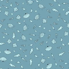 Seamless vector sea life pattern, doodle hand drawn sea shell background, marine texture, ocean seafish illustration