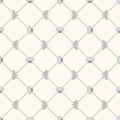Seamless vector sea life monochrome geometric pattern with shells and dotted lines, doodle hand drawn sea shell background, marine texture, ocean seafish illustration