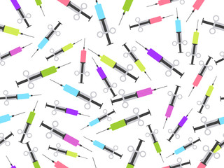 Syringe seamless pattern. Syringe with a vaccine of different colors. Vector illustration