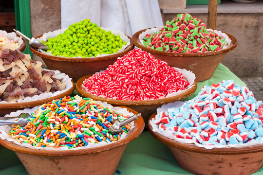 An assortment of wine gums for sale on Porreres Market. Porreres, Majorca, Spain\