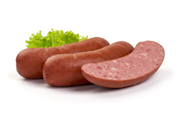 Smoked pork sausages, isolated on white background