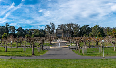 San Francisco, Ca. music concourse in Golden Gate Park and fountains on in the park on a beautiful...