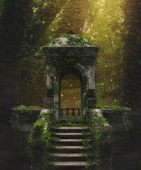 An illustration of an Enchanted fantasy garden in the forest with wild Vegetation and a Gazebo - obrazy, fototapety, plakaty
