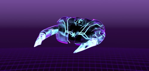 neon spaceship on purple bacground,cyber pank,3d render.