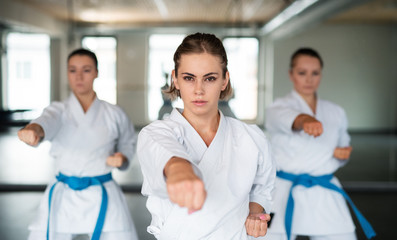 Group of young women practising karate indoors in gym.