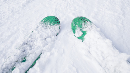 Top view of green ski on snow background. The concept of sport and recreation. Copy space