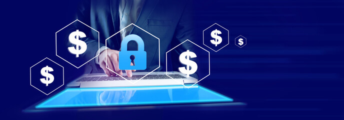 man hand computer with lock and dollar sign in screen