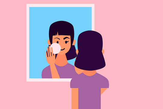 Young Woman In Front Of A Mirror Cleanses The Skin From Makeup. Flat Design. Vector Illustration