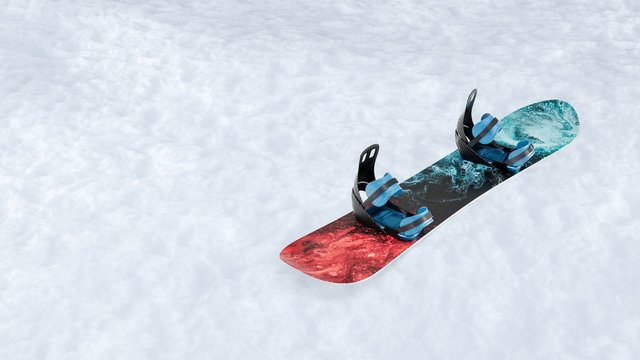 3D image of snowboard with carbon bindings laying on the white snow