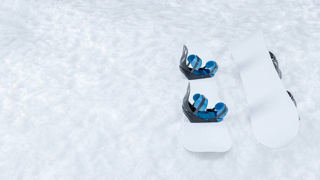 3D image of two mockup snowboards, regular and upside down with carbon bindings laying on white snow
