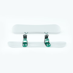 3D image front view of two mockup snowboards, regular and upside down with carbon bindings laying on white isolated background
