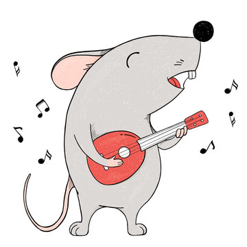 Cute little mouse with a red guitar singing on a white background.
