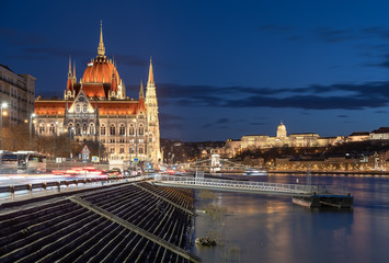 Fototapeta na wymiar Europe Hungary Budapest. Hungarian Parliament building. Buda castle. Szechenyi chain bridge. Danube river. Pier. Boat harbor.