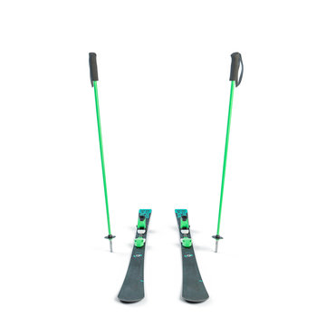 3D image front view of mountain ski with poles on isolated white background
