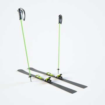 3D image back side view of mountain ski with poles on isolated white background