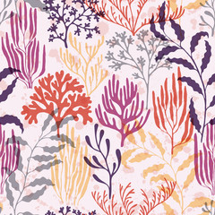 Coral polyps seamless pattern., Mediterranean staghorn and pillar corals bushes.