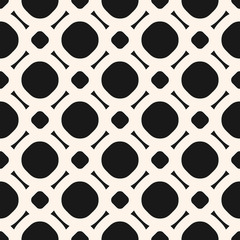 Black and white geometric vector seamless pattern. Ornamental texture with simple shapes, circles and lines in staggered grid. Abstract repeat monochrome background. Design for fabric, textile, decor