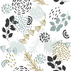 Seamless exotic pattern with tropical plants and gold elements. Vector