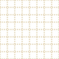 Subtle golden vector geometric pattern. Abstract seamless background with rhombuses, diamond shapes, floral figures, square grid, repeat tiles. Elegant texture in white and gold colors. Luxury design