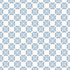 Blue geometric seamless pattern with small circles, squares, tiles, grid. Simple texture in pastel colors, soft blue and white. Vintage abstract repeat background. Design for decor, fabric, ceramic