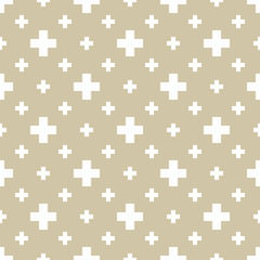 Golden vector minimalist geometric seamless pattern with small crosses, floral silhouettes. Abstract white and gold background. Funky style minimal ornament. Repeat design for decor, wallpaper, print