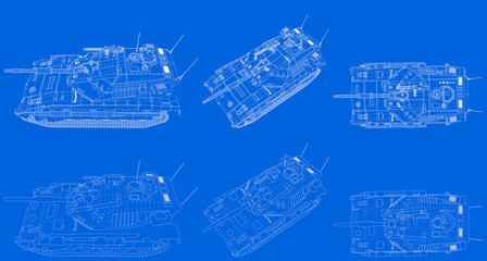 blue print of outlined isolated 3D modern tank with not existing design, high detail tank troops...