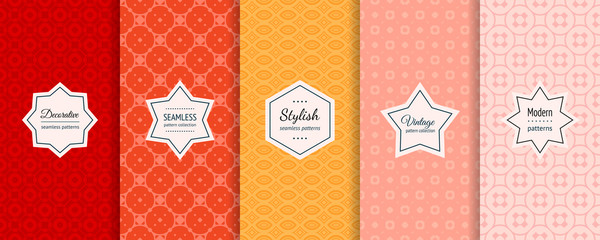 Vector geometric seamless patterns collection. Set of simple abstract colorful background swatches with elegant minimal labels. Cute modern ornamental textures. Red, orange, yellow, coral, pink color