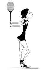 Young woman playing tennis isolated illustration. Pretty young woman holds a tennis racket black on white