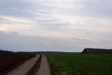 Natural background with winter fields without snow, a country road, haystacks, a forest on the horizon and a cloudy sky with spots of light.